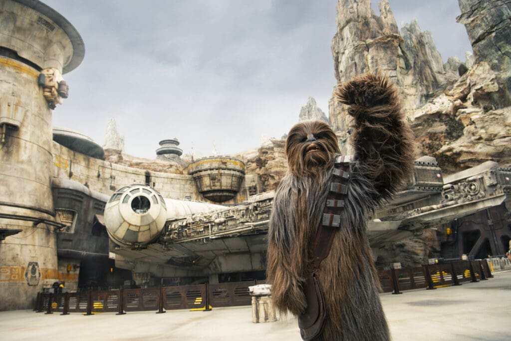 Chewbacca at Star Wars: Galaxy's Edge at Disneyland or Walt Disney World on the planet of Batuu.